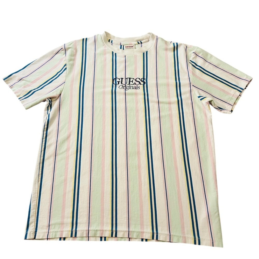 Guess Men's Striped Tee - Pink, Blue, Green Size Medium Vintage Style